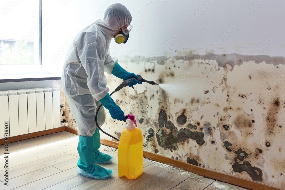 Remediation crew cleaning mold contamination in basement